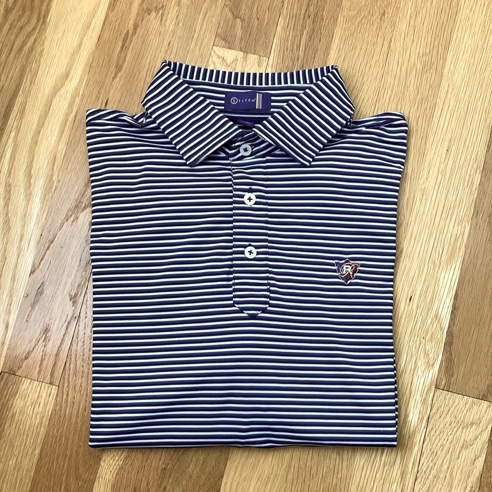 Stitch Men’s Striped Short Sleeve Golf Polo Shirt Navy Blue/Gray/White Size M/L